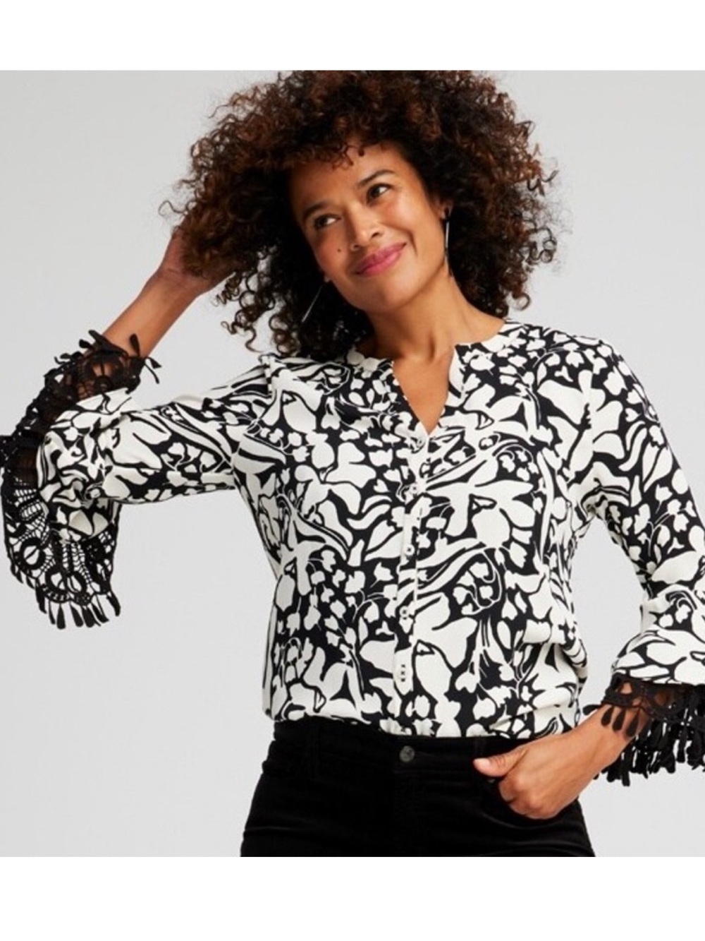 Chico's Black and Cream Abstract Floral Tiered Lace Flare Sleeve Blouse